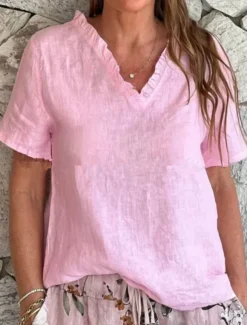 Women's Cotton Linen Blouse Solid Color Elegant Casual Short Sleeve V Neck Regular Tops Daily Holiday Ruffle Black White Yellow Pink Blue Summer Spring
