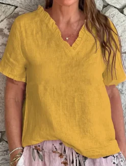 Women's Cotton Linen Blouse Solid Color Elegant Casual Short Sleeve V Neck Regular Tops Daily Holiday Ruffle Black White Yellow Pink Blue Summer Spring