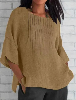 Women's Cotton Linen Blouse Solid Color Elegant Casual Short Sleeve Crew Neck Regular Tops Daily Holiday Pleated Pink Blue Green Khaki Beige Summer
