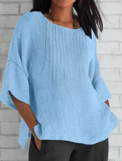 Women's Cotton Linen Blouse Solid Color Elegant Casual Short Sleeve Crew Neck Regular Tops Daily Holiday Pleated Pink Blue Green Khaki Beige Summer