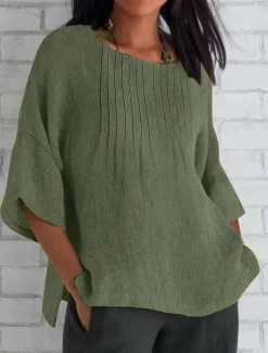Women's Cotton Linen Blouse Solid Color Elegant Casual Short Sleeve Crew Neck Regular Tops Daily Holiday Pleated Pink Blue Green Khaki Beige Summer
