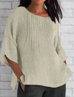 Women's Cotton Linen Blouse Solid Color Elegant Casual Short Sleeve Crew Neck Regular Tops Daily Holiday Pleated Pink Blue Green Khaki Beige Summer