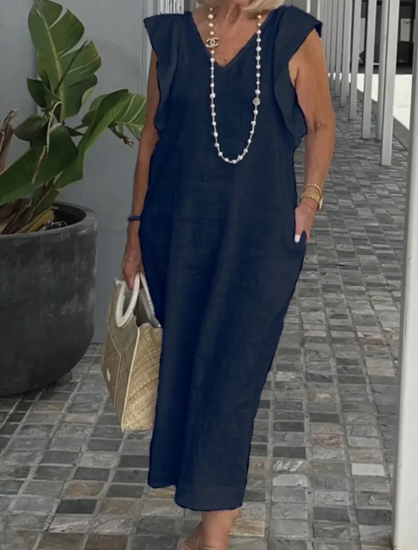 Women's Cotton Linen Maxi Dress Casual Dress Cotton Linen Dress Basic Casual Vacation Daily Regular Fit Plain Sleeveless V Neck Black White Pink Navy Blue Summer