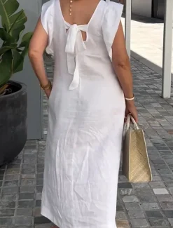 Women's Cotton Linen Maxi Dress Casual Dress Cotton Linen Dress Basic Casual Vacation Daily Regular Fit Plain Sleeveless V Neck Black White Pink Navy Blue Summer