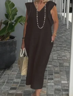 Women's Cotton Linen Maxi Dress Casual Dress Cotton Linen Dress Basic Casual Vacation Daily Regular Fit Plain Sleeveless V Neck Black White Pink Navy Blue Summer
