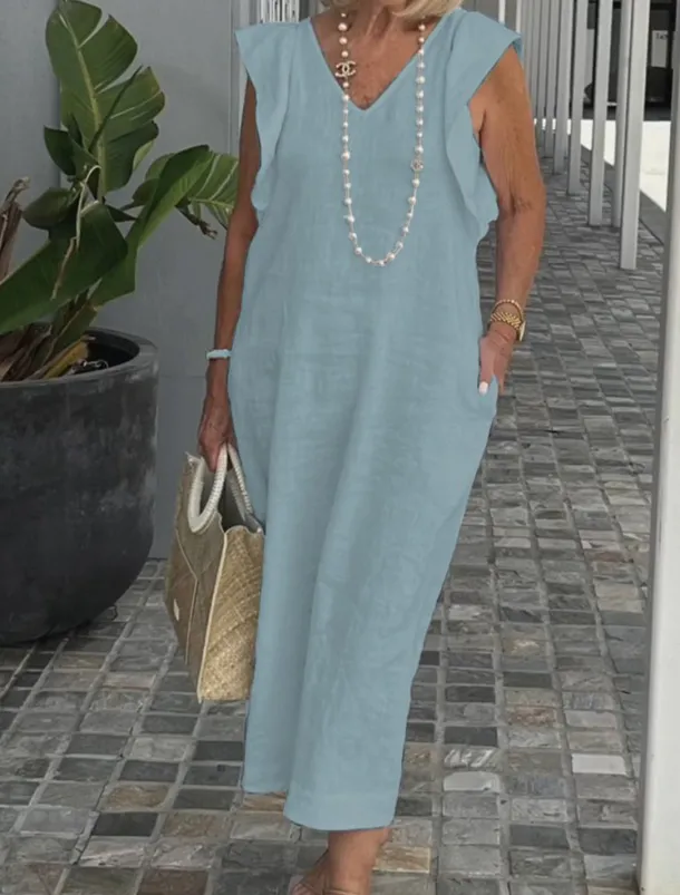 Women's Cotton Linen Maxi Dress Casual Dress Cotton Linen Dress Basic Casual Vacation Daily Regular Fit Plain Sleeveless V Neck Black White Pink Navy Blue Summer