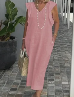 Women's Cotton Linen Maxi Dress Casual Dress Cotton Linen Dress Basic Casual Vacation Daily Regular Fit Plain Sleeveless V Neck Black White Pink Navy Blue Summer