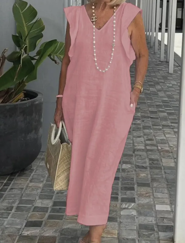 Women's Cotton Linen Maxi Dress Casual Dress Cotton Linen Dress Basic Casual Vacation Daily Regular Fit Plain Sleeveless V Neck Black White Pink Navy Blue Summer