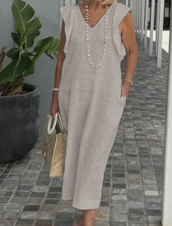 Women's Cotton Linen Maxi Dress Casual Dress Cotton Linen Dress Basic Casual Vacation Daily Regular Fit Plain Sleeveless V Neck Black White Pink Navy Blue Summer
