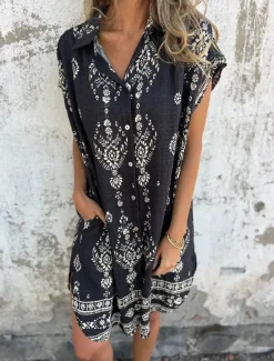 Women's Cotton Linen Mini Dress Shirt Dress Elegant Dress Basic Casual Vacation Daily Regular Fit Graphic Short Sleeve Shirt Collar Black Green Apricot Summer