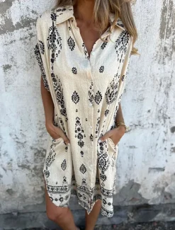 Women's Cotton Linen Mini Dress Shirt Dress Elegant Dress Basic Casual Vacation Daily Regular Fit Graphic Short Sleeve Shirt Collar Black Green Apricot Summer