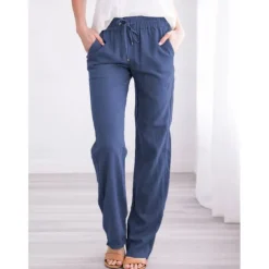 Women's Cotton Linen Pants Pants Trousers Casual Daily Full Length Plain Drawstring Side Pockets Breathability Comfortable Inelastic Going out Weekend Black White Yellow Burgundy Spring & Summer