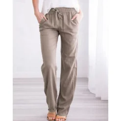 Women's Cotton Linen Pants Pants Trousers Casual Daily Full Length Plain Drawstring Side Pockets Breathability Comfortable Inelastic Going out Weekend Black White Yellow Burgundy Spring & Summer