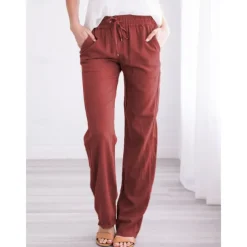 Women's Cotton Linen Pants Pants Trousers Casual Daily Full Length Plain Drawstring Side Pockets Breathability Comfortable Inelastic Going out Weekend Black White Yellow Burgundy Spring & Summer