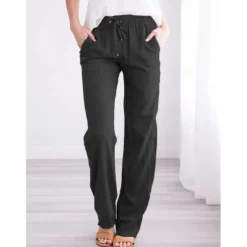 Women's Cotton Linen Pants Pants Trousers Casual Daily Full Length Plain Drawstring Side Pockets Breathability Comfortable Inelastic Going out Weekend Black White Yellow Burgundy Spring & Summer