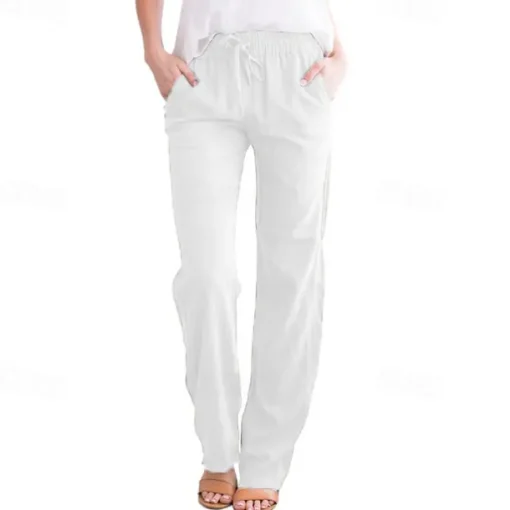 Women's Cotton Linen Pants Pants Trousers Casual Daily Full Length Plain Drawstring Side Pockets Breathability Comfortable Inelastic Going out Weekend Black White Yellow Burgundy Spring & Summer