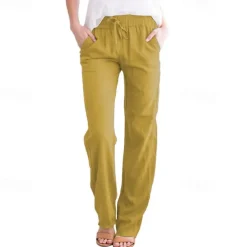 Women's Cotton Linen Pants Pants Trousers Casual Daily Full Length Plain Drawstring Side Pockets Breathability Comfortable Inelastic Going out Weekend Black White Yellow Burgundy Spring & Summer
