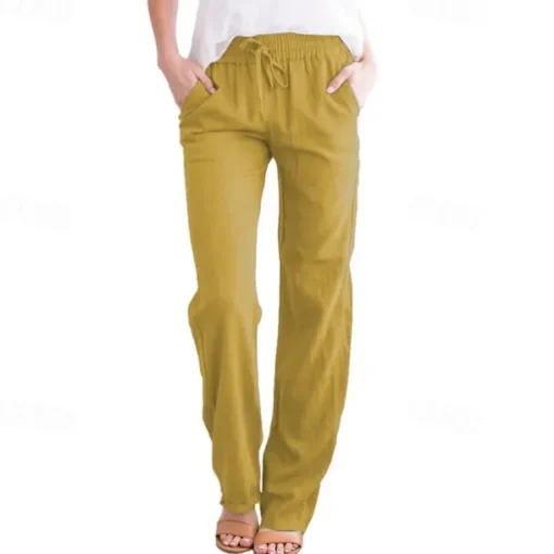 Women's Cotton Linen Pants Pants Trousers Casual Daily Full Length Plain Drawstring Side Pockets Breathability Comfortable Inelastic Going out Weekend Black White Yellow Burgundy Spring & Summer
