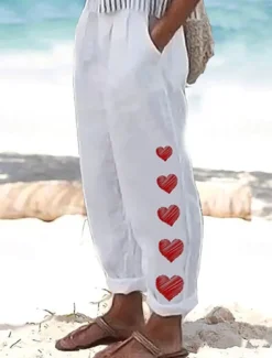 Women's Cotton Linen Pants Baggy Pants Linen Like Vintage Casual Full Length Heart Floral Butterfly Side Pockets Baggy Print Comfort Inelastic Vacation Daily White Yellow Red Blue Fall Regular Fit