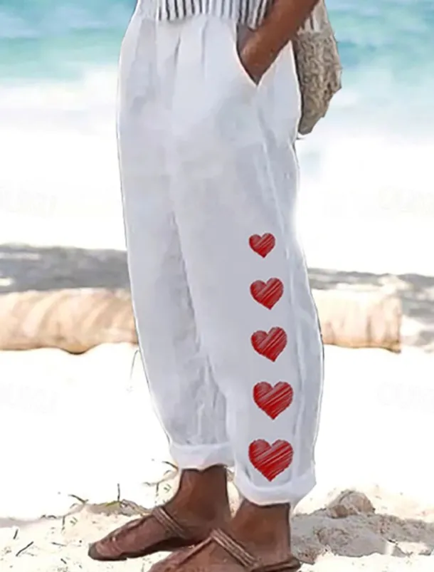 Women's Cotton Linen Pants Baggy Pants Linen Like Vintage Casual Full Length Heart Floral Butterfly Side Pockets Baggy Print Comfort Inelastic Vacation Daily White Yellow Red Blue Fall Regular Fit