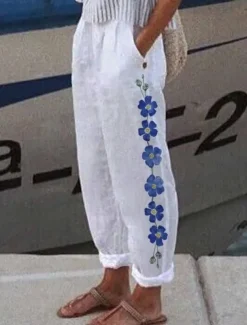 Women's Cotton Linen Pants Baggy Pants Linen Like Vintage Casual Full Length Heart Floral Butterfly Side Pockets Baggy Print Comfort Inelastic Vacation Daily White Yellow Red Blue Fall Regular Fit