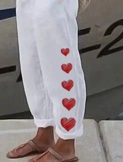 Women's Cotton Linen Pants Baggy Pants Linen Like Vintage Casual Full Length Heart Floral Butterfly Side Pockets Baggy Print Comfort Inelastic Vacation Daily White Yellow Red Blue Fall Regular Fit