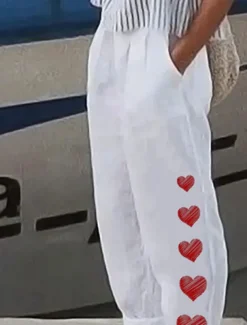 Women's Cotton Linen Pants Baggy Pants Linen Like Vintage Casual Full Length Heart Floral Butterfly Side Pockets Baggy Print Comfort Inelastic Vacation Daily White Yellow Red Blue Fall Regular Fit