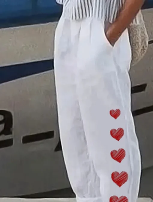 Women's Cotton Linen Pants Baggy Pants Linen Like Vintage Casual Full Length Heart Floral Butterfly Side Pockets Baggy Print Comfort Inelastic Vacation Daily White Yellow Red Blue Fall Regular Fit