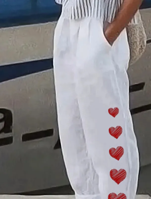 Women's Cotton Linen Pants Baggy Pants Linen Like Vintage Casual Full Length Heart Floral Butterfly Side Pockets Baggy Print Comfort Inelastic Vacation Daily White Yellow Red Blue Fall Regular Fit
