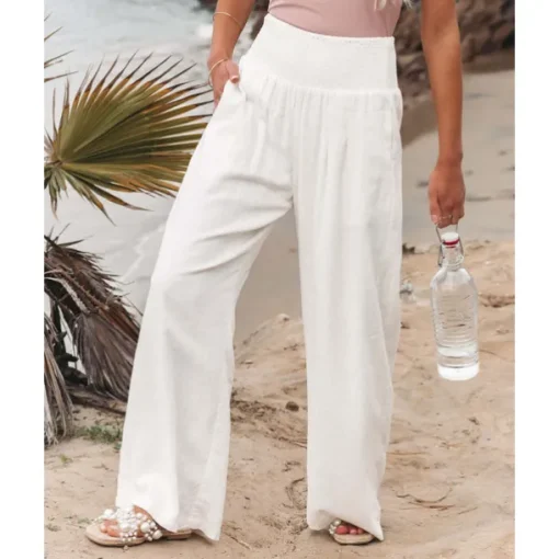Women's Cotton Linen Pants Wide Leg Trousers Fashion Casual Lounge Full Length High Waist Baggy Micro-elastic Vacation Daily Apple Green Black White Dark Navy Autumn / Fall