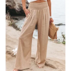 Women's Cotton Linen Pants Wide Leg Trousers Fashion Casual Lounge Full Length High Waist Baggy Micro-elastic Vacation Daily Apple Green Black White Dark Navy Autumn / Fall