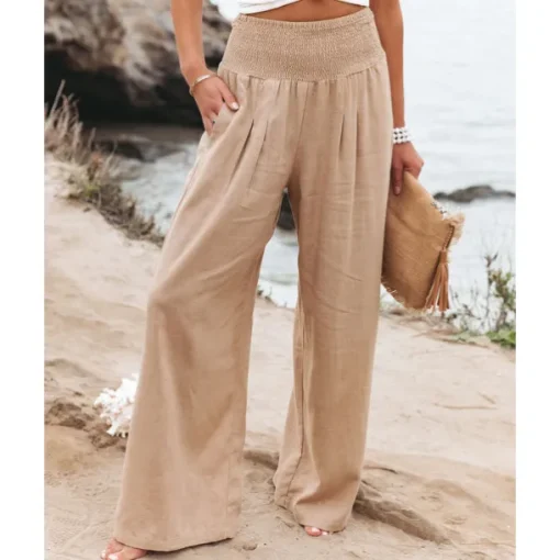 Women's Cotton Linen Pants Wide Leg Trousers Fashion Casual Lounge Full Length High Waist Baggy Micro-elastic Vacation Daily Apple Green Black White Dark Navy Autumn / Fall