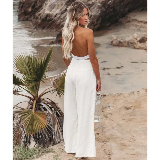 Women's Cotton Linen Pants Wide Leg Trousers Fashion Casual Lounge Full Length High Waist Baggy Micro-elastic Vacation Daily Apple Green Black White Dark Navy Autumn / Fall