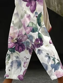 Women's Cotton Linen Pants Baggy Pants Linen Like Beach Shorts Vacation Vintage Fashion Full Length High Waist Floral Graphic Printing Thermal Warm Breathable Soft Micro-elastic Causal Violet