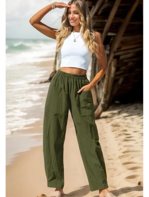 Women's Cotton Linen Pants Basic Full Length High Waist Plain Pocket Comfort Outdoor Micro-elastic Vacation Street Causal Black Pink Wine Navy Blue Summer Spring Fall Loose Fit