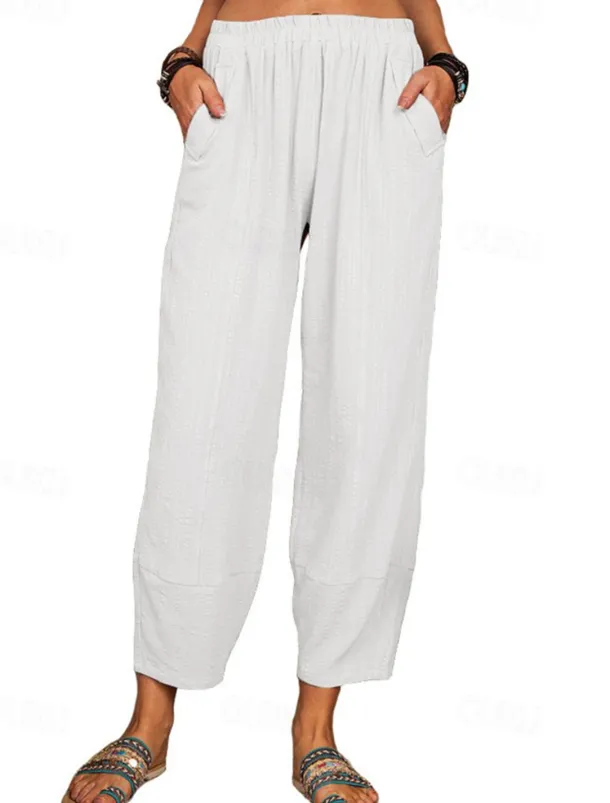Women's Cotton Linen Pants Pants Trousers Lightweight Casual Ankle-Length High Rise Plain Pocket Breathability Comfortable Inelastic Casual Daily Weekend Wine Navy Black White Summer Spring Regular