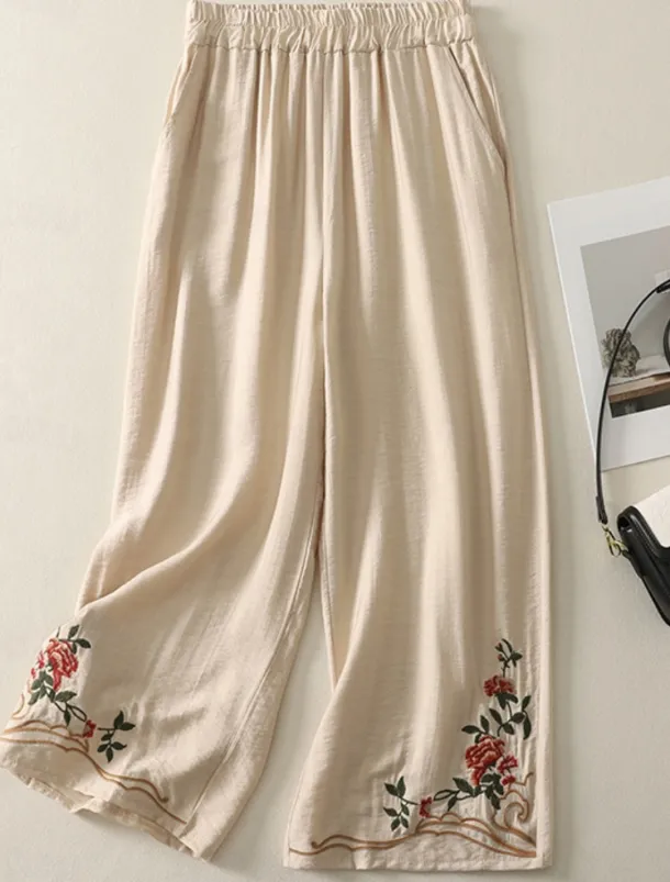 Women's Cotton Linen Pants Chinos Ethnic Style Basic Casual Full Length High Waist Floral Embroidered Pocket Elastic Waist Comfort Outdoor Micro-elastic Vacation Street Daily Khaki Beige Summer