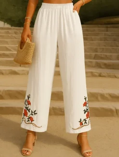 Women's Cotton Linen Pants Chinos Ethnic Style Basic Casual Full Length High Waist Floral Embroidered Pocket Elastic Waist Comfort Outdoor Micro-elastic Vacation Street Daily Khaki Beige Summer