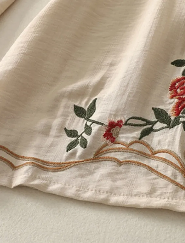 Women's Cotton Linen Pants Chinos Ethnic Style Basic Casual Full Length High Waist Floral Embroidered Pocket Elastic Waist Comfort Outdoor Micro-elastic Vacation Street Daily Khaki Beige Summer