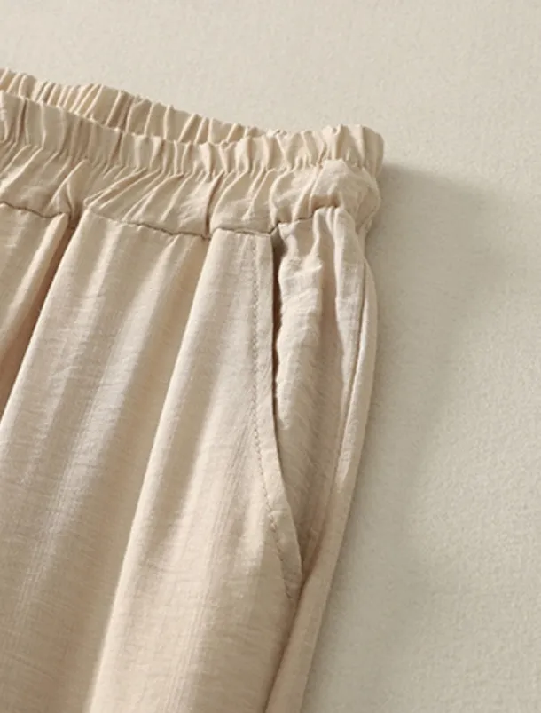 Women's Cotton Linen Pants Chinos Ethnic Style Basic Casual Full Length High Waist Floral Embroidered Pocket Elastic Waist Comfort Outdoor Micro-elastic Vacation Street Daily Khaki Beige Summer