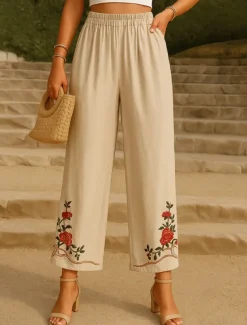 Women's Cotton Linen Pants Chinos Ethnic Style Basic Casual Full Length High Waist Floral Embroidered Pocket Elastic Waist Comfort Outdoor Micro-elastic Vacation Street Daily Khaki Beige Summer