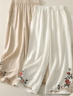 Women's Cotton Linen Pants Chinos Ethnic Style Basic Casual Full Length High Waist Floral Embroidered Pocket Elastic Waist Comfort Outdoor Micro-elastic Vacation Street Daily Khaki Beige Summer