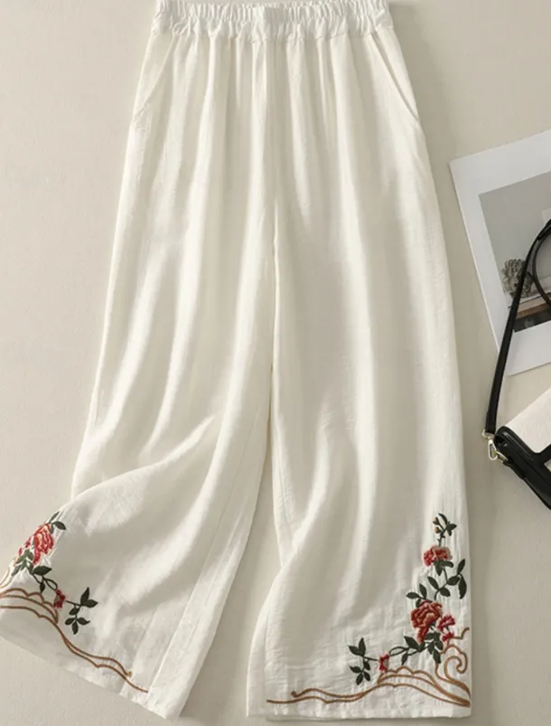 Women's Cotton Linen Pants Chinos Ethnic Style Basic Casual Full Length High Waist Floral Embroidered Pocket Elastic Waist Comfort Outdoor Micro-elastic Vacation Street Daily Khaki Beige Summer