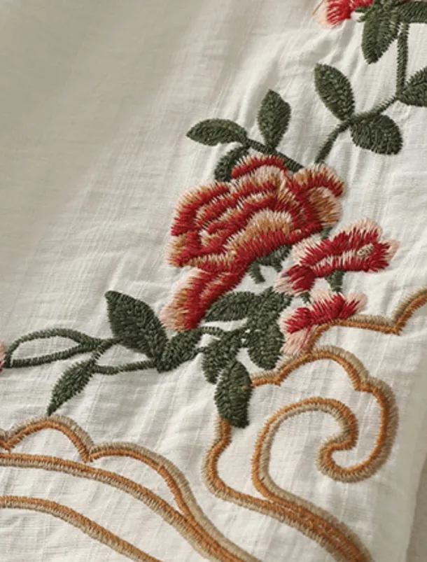 Women's Cotton Linen Pants Chinos Ethnic Style Basic Casual Full Length High Waist Floral Embroidered Pocket Elastic Waist Comfort Outdoor Micro-elastic Vacation Street Daily Khaki Beige Summer