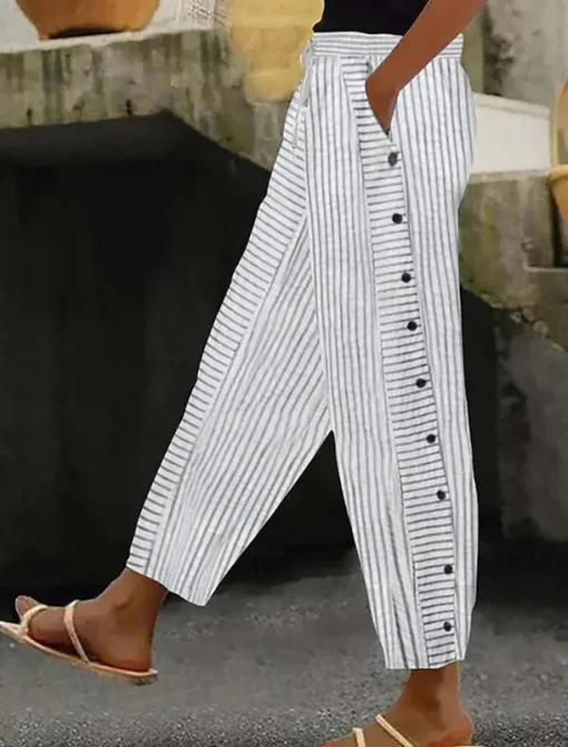 Women's Cotton Linen Pants Slacks Pants Trousers Streetwear Casual Full Length Natural Striped Pocket Elastic Drawstring Design Breathability Soft Micro-elastic Casual Daily Wear Light Yellow Dark