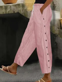 Women's Cotton Linen Pants Slacks Pants Trousers Streetwear Casual Full Length Natural Striped Pocket Elastic Drawstring Design Breathability Soft Micro-elastic Casual Daily Wear Light Yellow Dark