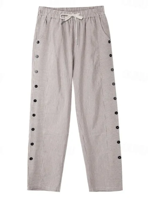 Women's Cotton Linen Pants Slacks Pants Trousers Streetwear Casual Full Length Natural Striped Pocket Elastic Drawstring Design Breathability Soft Micro-elastic Casual Daily Wear Light Yellow Dark