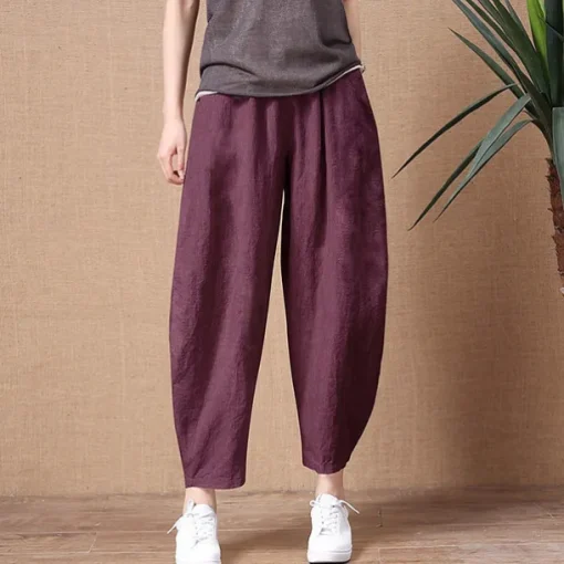 Women's Cotton Linen Pants Pants Trousers Casual Daily Ankle-Length Plain Side Pockets Breathability Comfortable Inelastic Going out Weekend Black Wine Sky Blue Khaki Spring & Summer Regular Fit