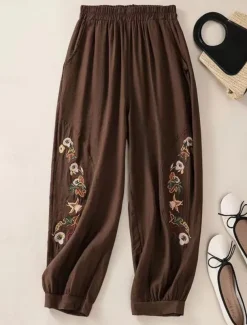 Women's Cotton Linen Pants Chinos Fashion Basic Ethnic Full Length Medium Waist Floral Embroidered Pocket Drawstring Comfort Outdoor Stretchy Vacation Street Causal Black White Coffee Summer Spring