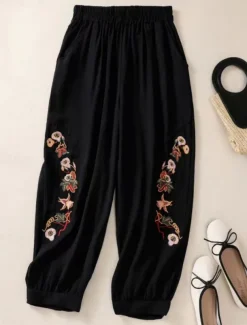 Women's Cotton Linen Pants Chinos Fashion Basic Ethnic Full Length Medium Waist Floral Embroidered Pocket Drawstring Comfort Outdoor Stretchy Vacation Street Causal Black White Coffee Summer Spring